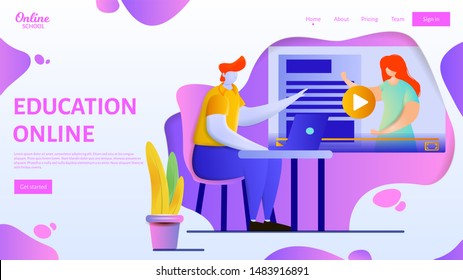 Online education webpage template. Flat vector illustration of a man sitting in front of laptop and watching educational video. Male character studying at home. Online lectures, webinars, courses.