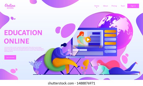 Online education webpage template. Flat vector illustration of woman and man educating themselves at home. Self-education and online learning. A couple studying remotely.