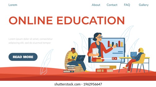 Online education website banner with students sitting in front of huge computer monitor, flat vector illustration. Online learning landing page design with characters.