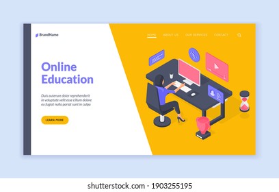 Online education website banner template. Woman studying online at table. Lady sitting on chair at desk and browsing educational video and article on computer. Isometric vector illustration