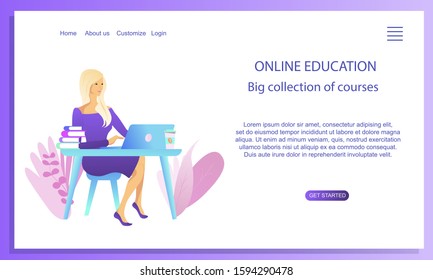 Online education website concept. Girl sitting  and working with laptop, books and coffee. Web Design Landing Page Template for social media marketing, internet shopping, courses, entertaiment. 