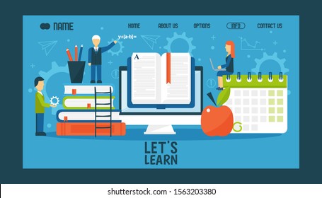 Online education website design, vector illustration. College or university landing page, flat style characters with large scale books. Educational web site template online course, classes and webinar