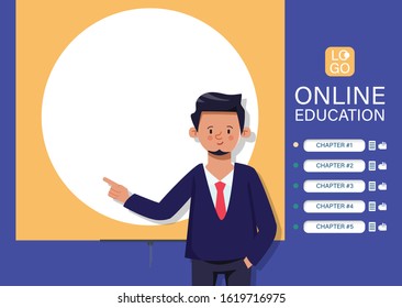 Online education website learning background. E-learning application internet. Teacher character pointing to whiteboard.
