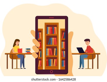 Online Education for website or mobile website. Hand holding a mobile or tablet with bookshelves inside. A guy and a girl read books. Vector illustration in modern flat design.