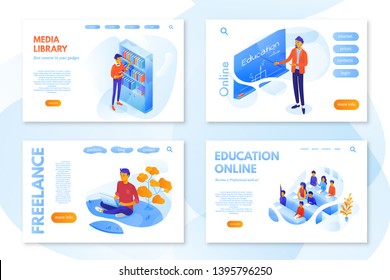 Online education website page vector template set. Students and teacher cartoon characters. Distance knowledge gaining, internet school flat illustration. E learning web banner, homepage concept pack