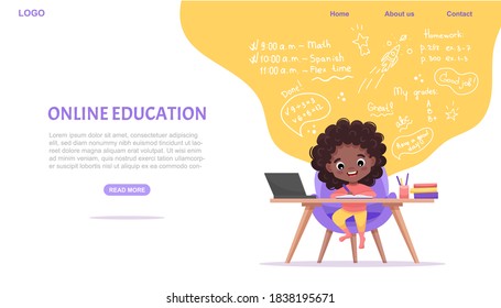 Plantilla del sitio web de educación en línea. Banner de concepto de e-learning. Niña afroamericana de raza negra sentada en la mesa y estudia en línea con su laptop. Ilustración de dibujos animados planos vectoriales con elementos de doodle dibujados a mano