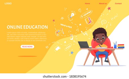 Online education website template. E-learning concept banner. Afro-american black boy sits at table and studies online with laptop. Vector flat cartoon illustration with hand-drawn doodle elements