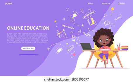 Online education website template. E-learning concept banner. Afro-american black girl sits at table and studies online with laptop. Vector flat cartoon illustration with hand-drawn doodle elements