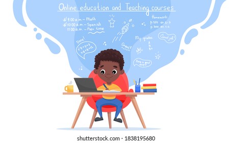 Online education website template. E-learning concept banner. Afro-american black boy sits at table and studies online with laptop. Vector flat cartoon illustration with hand-drawn doodle elements