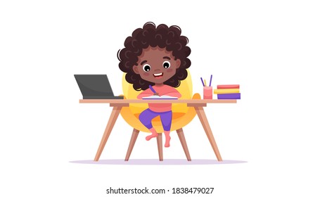 Online education website template. E-learning concept banner. Afro-american black girl sits at table and studies online with laptop. Vector flat cartoon illustration with hand-drawn doodle elements