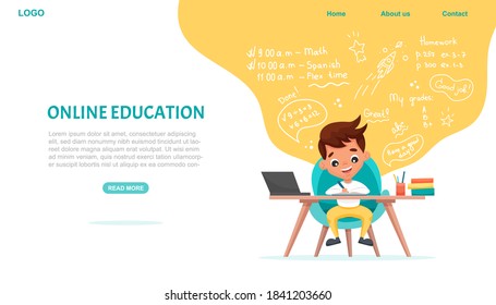 Online education website template. E-learning concept banner. Cute schoolboy sits at table and studies online with laptop. Vector flat cartoon illustration with hand-drawn doodle elements