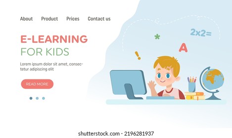 Online education website template. E-learning concept banner. Cute schoolboy sits at table and studies online with laptop. Vector flat cartoon illustration with hand-drawn doodle elements