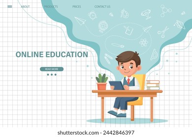 Online education website template. E-learning concept banner. Cute schoolboy sitting at table and studying online. Illustration, template for landing page. Vector