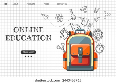 Online education website template. E-learning concept banner. School backpack with various science icons on a checkered background. Illustration, template for landing page. Vector