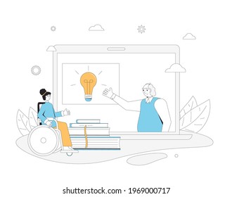Online education. Wheelchair girl have an online class. Digital learning on computer screen. Internet webinar or online video training, course. Vector color illustration.