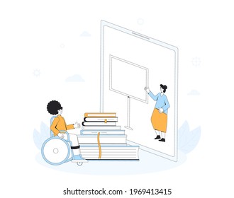 Online education. Wheelchair girl have an online class. Digital learning on tablet or smartphone screen. Internet webinar or online video training, course. Vector color illustration.