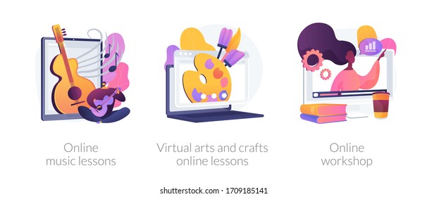 Online education while self-isolation abstract concept vector illustration set. Online music lessons, virtual arts and crafts online lessons, online workshop, free master classes abstract metaphor.