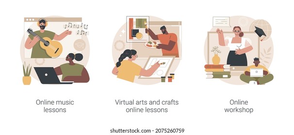 Online education while self-isolation abstract concept vector illustration set. Online music lessons, virtual arts and crafts online lessons, online workshop, free master classes abstract metaphor.
