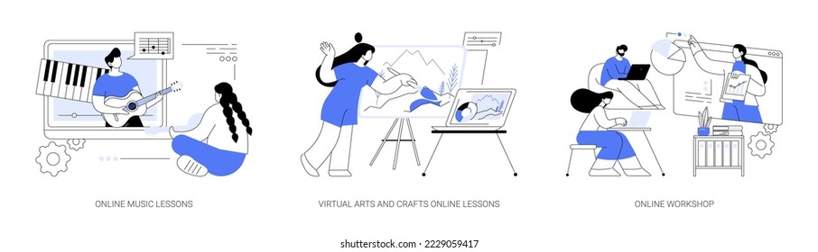 Educación en línea mientras el autoaislamiento abstracto concepto ilustrativo vector conjunto. Clases de música en línea, artes virtuales y artesanías en línea, taller en línea, clases maestras gratuitas metáforas abstractas.