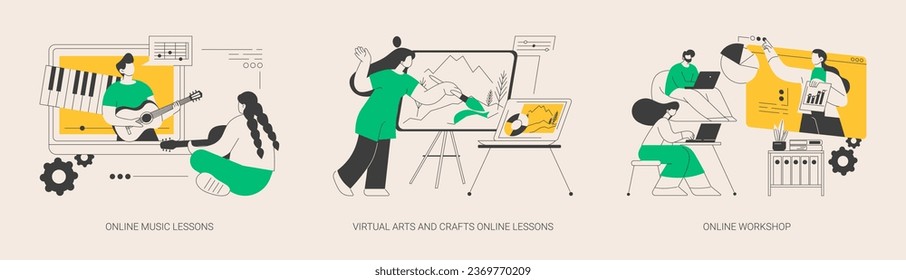 Online education while self-isolation abstract concept vector illustration set. Online music lessons, virtual arts and crafts online lessons, online workshop, free master classes abstract metaphor.