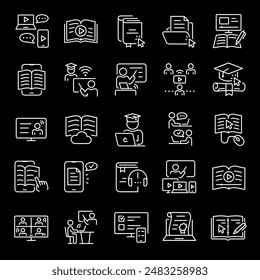 Online education, white line icons. E-learning and distance learning programs. Essential for educational and technology themes. Symbols on black background. Editable stroke.