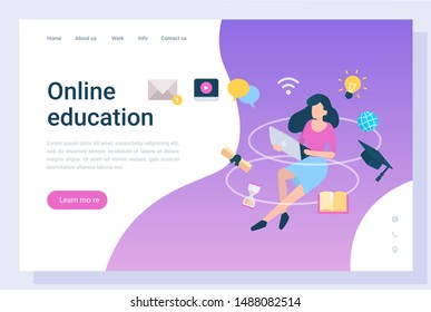 Online education, woman character communication with laptop, e-learning screen. Distance studying and teaching, electronic information knowledge vector. Website and webpage template, landing page