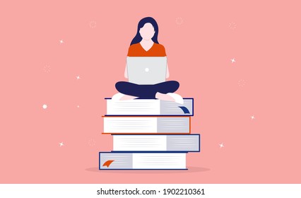 Online education woman - Female person sitting on stack of books studying and learning. Self taught and getting smarter concept. Vector illustration.