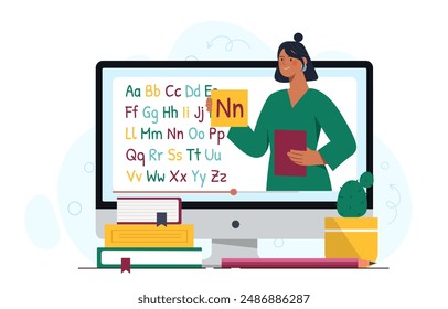 Online education woman. Teacher gives lecture or lesson on Internet. Courses and master class. Remote education and training, learning. Flat vector illustration isolated on white background