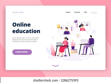 Online education. Women and men working with a laptop, watching video and learning. Background or banner for site or landing page with a distance course theme. Vector illustration