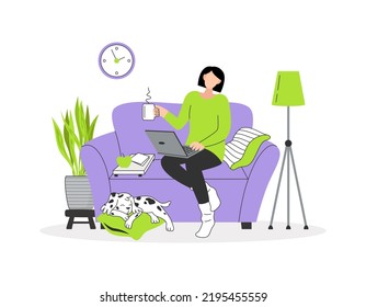 Online education or work from home concept. The girl is sitting on the sofa with a laptop and drinking hot tea. Online courses, freelancing, e-learning. Vector isolated flat illustration