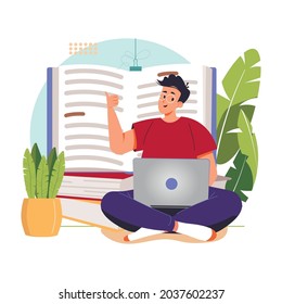 Online education or work vector illustration concept. Student learning or reading online at home. Character sitting and looking at laptop in front of a stack of giant books. Happy man with laptop.