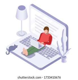 Online education or working concept. Man lying on the laptop. Vector isometric illustration
