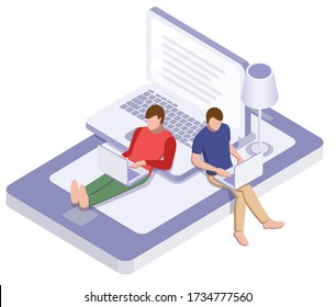 Online education or working concept. Two man on the phone with laptop. Vector isometric illustration
