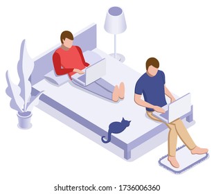 Online education or working concept. Two man with laptop on the bed. Vector  isometric illustration
