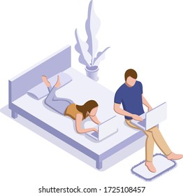 Online education or working concept. Woman and man with laptop on the bed. Vector isometric illustration

