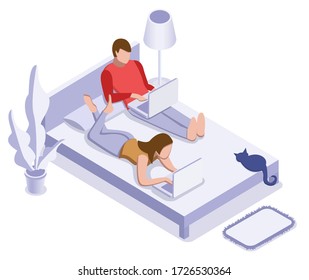 Online education or working concept. Woman and man with laptop on the bed. Vector isometric illustration
