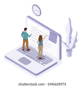 Online education or working concept. Woman and man standing on the laptop. Vector isometric illustration
