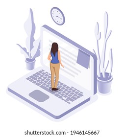 Online education or working concept. Woman standing on the laptop. Vector isometric illustration
