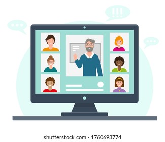 Online education or working. Video conference on the computer screen. Boss or teacher having a conference call with team or students. Work or study from home concept.  Vector illustation.