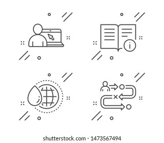 Educación en línea, agua del mundo y conjunto de iconos de línea de información técnica. Señal de la ruta del trayecto. Conferencias por Internet, Aqua drop, Documentación. Proceso del proyecto. Conjunto de Ciencia. Vector
