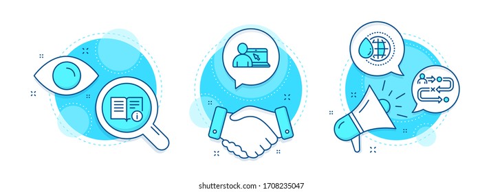 Online education, World water and Technical info line icons set. Handshake deal, research and promotion complex icons. Journey path sign. Internet lectures, Aqua drop, Documentation. Vector