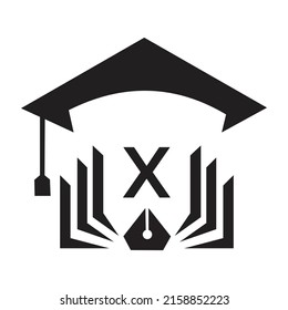 Online education X logo template. Distance learning vector design. Computer monitor and open book illustration education 
logo icon design, vector with latter
