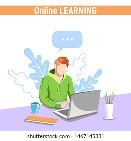 Online education. Young man learning at home. Vector illustration