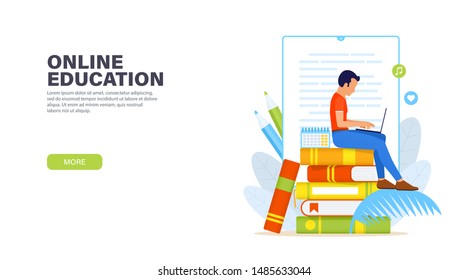 Online education. Young man sitting with laptop on a stack of books and remotely studying online course. Online education or ebook reading concept. Vector modern landing page.