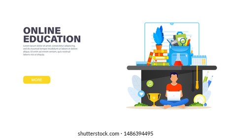 Online education. Young man sitting with laptop under a Square academic cap and remotely studying online course. Blue backpack with school supplies. Online education concept. Vector illustration.