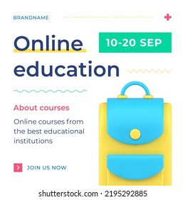 Online Educational Courses Best Academic Institutions Registration Form Social Media Post 3d Icon Vector Illustration. Internet Distance Education E Learning Courses Join Web Banner Backpack Design