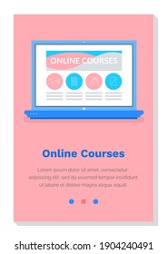 Online educational courses, studying material via the Internet concept. Laptop with website landing page template. Layout of a webpage for a future site with courses on the Internet on computer screen