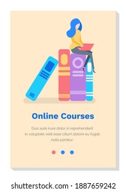 Online educational courses, studying science concept. Woman working on self education using laptop. Website landing page template. Female character is busy with self-development vector illustration