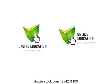 Online Educational Logo. Open Green Book, Pointing Hand Palm, Radio Waves. Internet Network Virtual School Icon. Vector Sign With Pixel Elements.