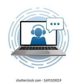 Online educational vector logo on a white background. Person in laptop with headphones. Vector illustration.